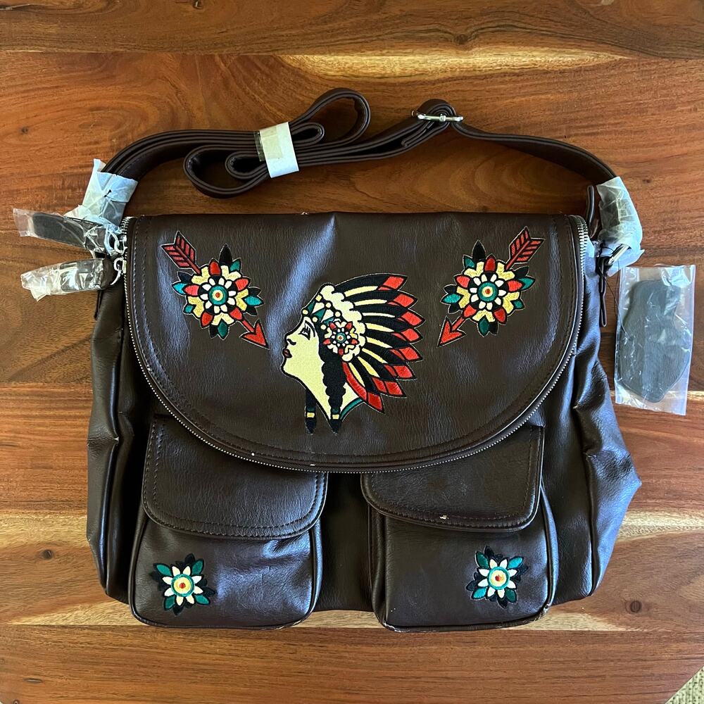 Sourpuss Faux Leather Messenger Bag Tattoo Headdress Embroidered Crossbody Brown